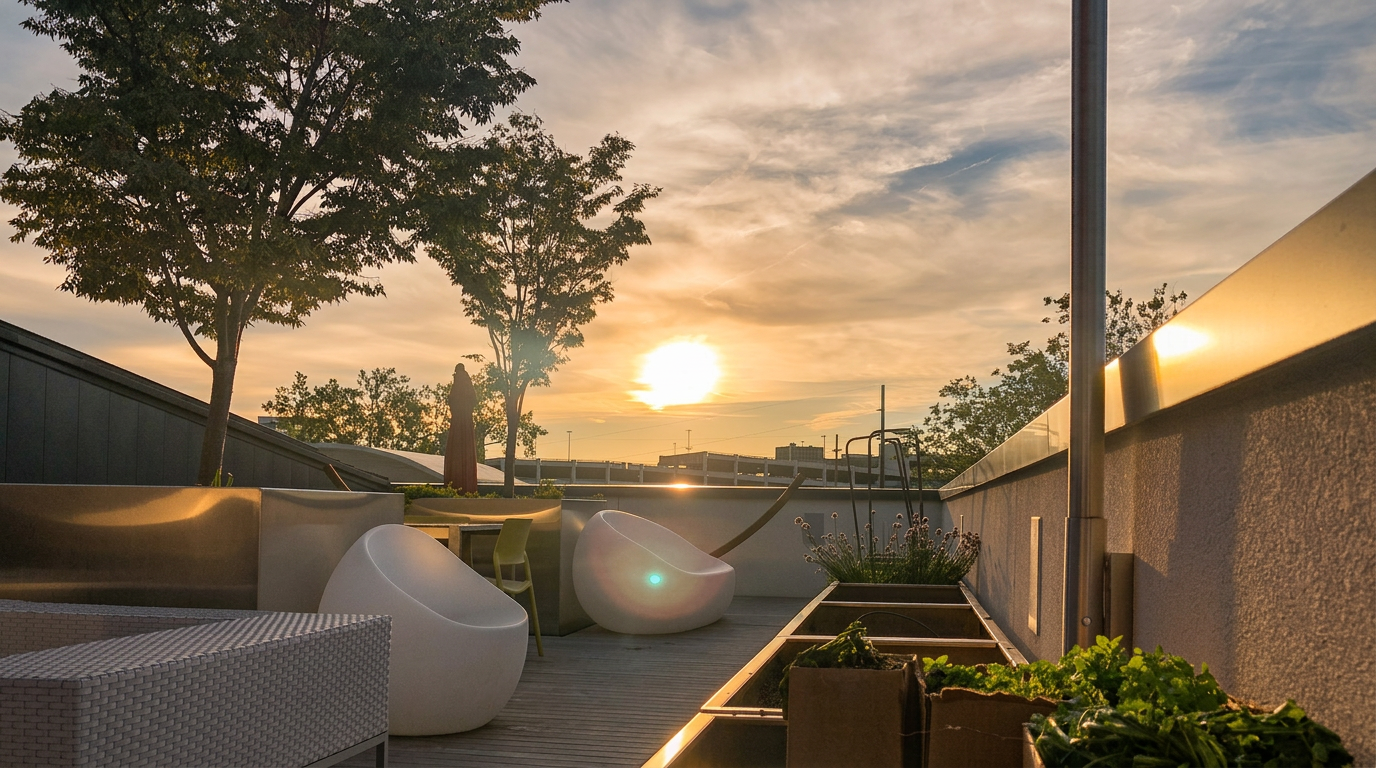 Rooftop terrace at sunset with lounge seating, planters, and city view